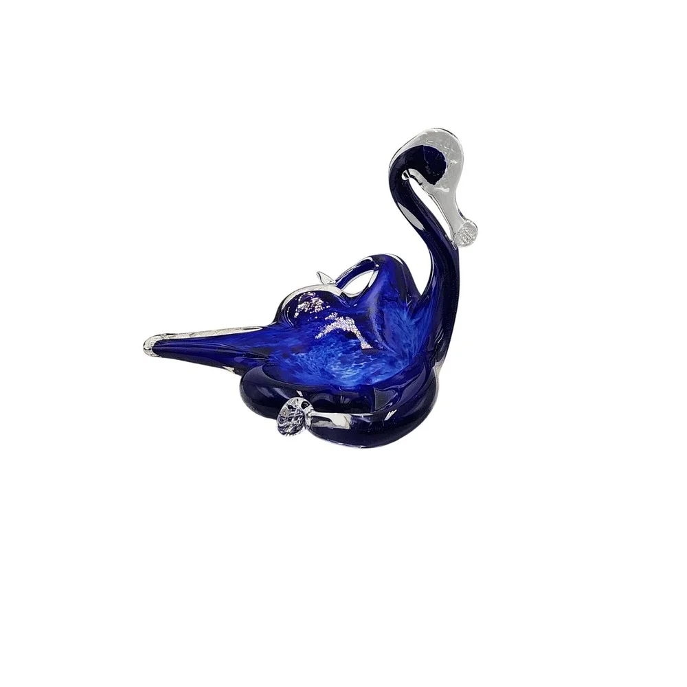 Vintage Cobalt Blue Hand Blown Art Glass Swan Bowl Dish Centerpiece 8 Inch